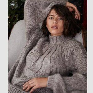 Abercrombie & Fitch Soft Taupe Balloon Sleeve Cable Knit Mock Neck Sweater